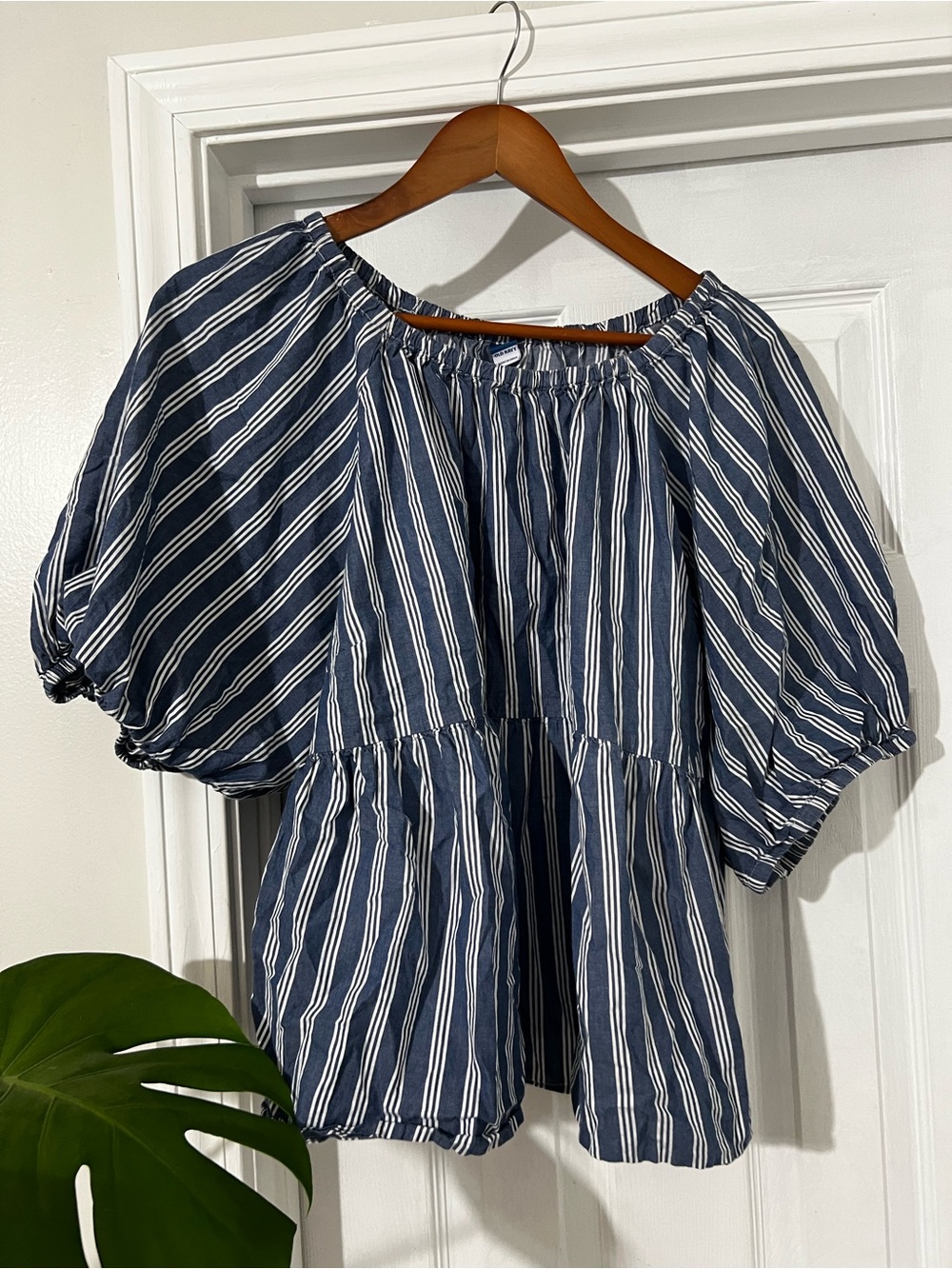 Old Navy Navy and White Striped Off-Shoulder Peasant Blouse